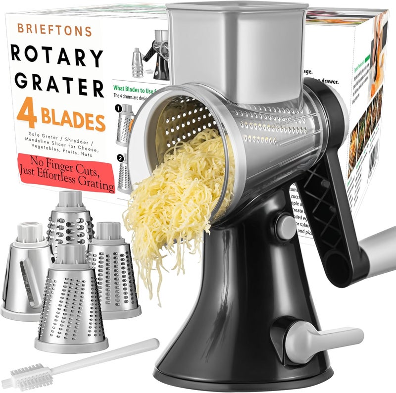 Brieftons 4-Blade Rotary Cheese Grater, Kitchen Food Cutter with Handle, Mandoline Vegetable Slicer, Nut Grinder, Hand Crank Shredder for Cheese, Vegetables, Fruits, Nuts, Easy to Use, Clean & Store - Image 1